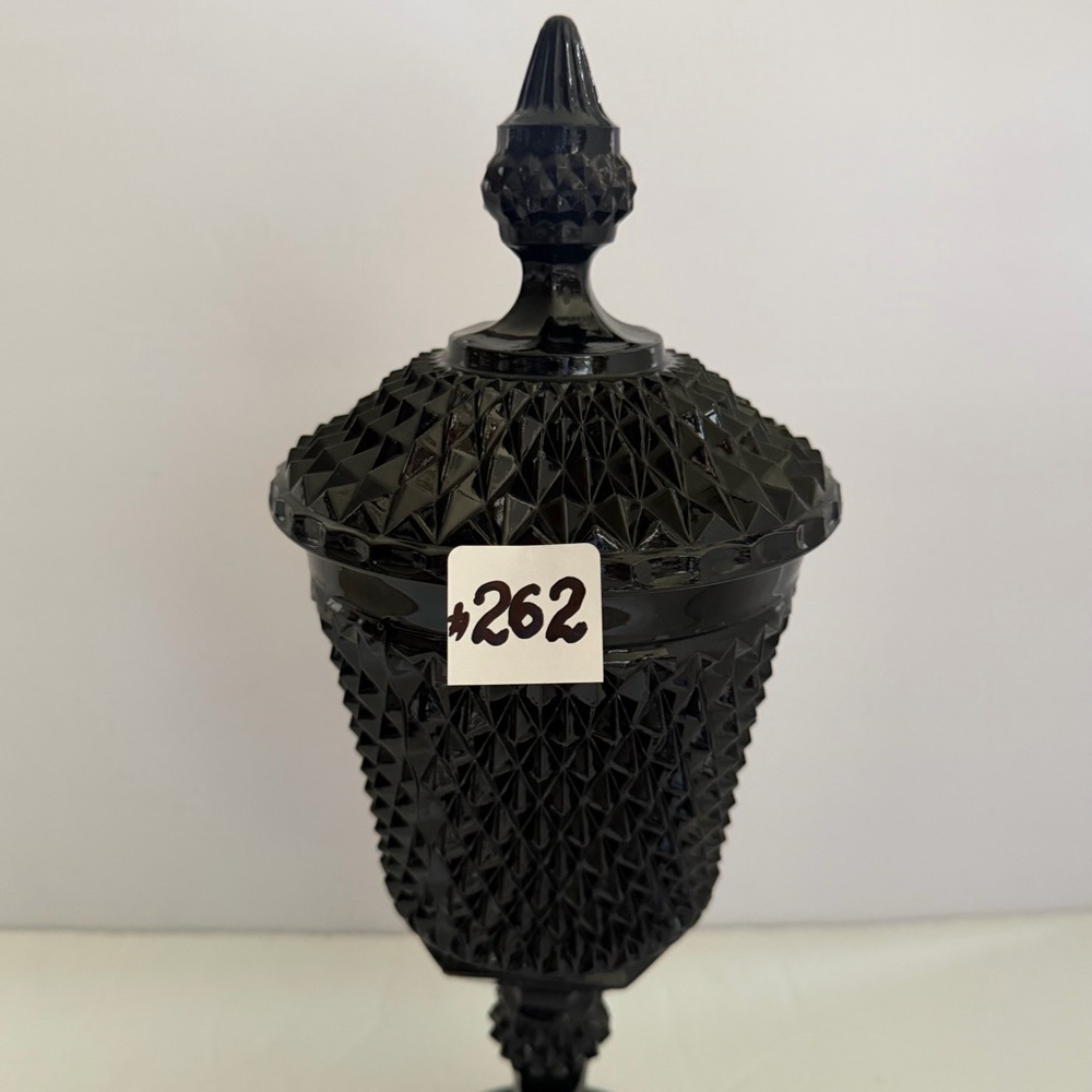 VTG Black Indiana Glass Diamond Point Covered Jar 15,5” - Picture 3 of 16